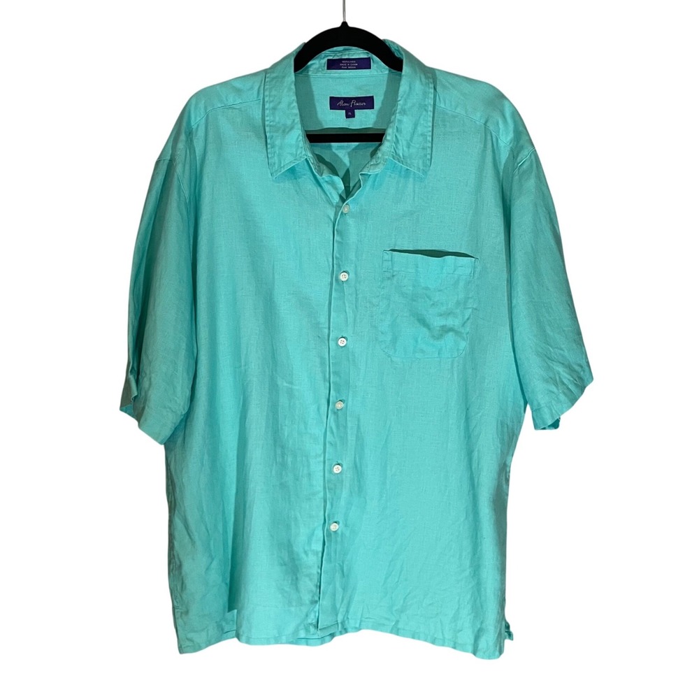 Mens XL Teal 100% Linen Short Sleeve Button Down Shirt Turquoise Resortwear Boho